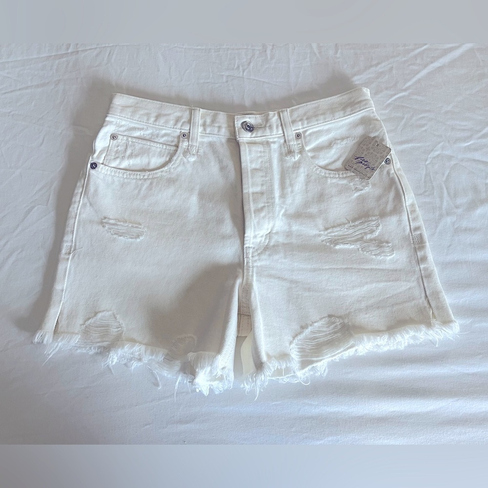 Free People White Bright Distressed Button Fly Raw Hem Denim Shorts Sz 27 NWT